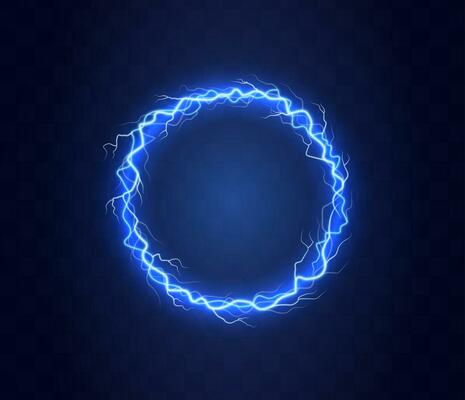 Realistic magic circle of thunder storm blue lightnings. Magic and bright lighting effects. Electric circle. Round frame with electricity and lightnings.