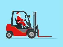 Santa Claus in Empty Red Forklift. Christmas Presents Delivery and Shipping. New Year Decoration. Merry Christmas Holiday. New Year and Xmas. Vector illustration in flat style