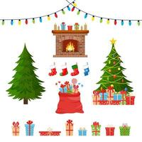 Christmas greetings decorative set with xmas objects - fir tree, gift boxes, balls, garlands, socks isolated on white background. Vector illustration in flat style