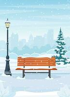 cartoon Winter city park with wooden bench, lanterns and town buildings skyline. Urban empty public garden landscape, snow fall under dull sky. Vector illustration in flat style