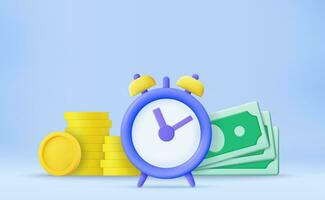 Time is money, business and finance concept. Quick payment, clock and cash, fast loan, easy credit. Time money saving. Timer and finance. Quick money. 3d rendering. Vector illustration