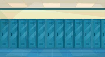 Empty School Corridor Interior With Row Of Lockers Horizontal Banner. cartoon Dressing place a fitness club. Vector illustration in a flat style