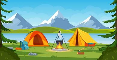 Summer camp in forest with bonfire, tent, backpack. cartoon landscape with mountain, forest and campsite. Equipment for travel, hiking. Vector illustration in flat style