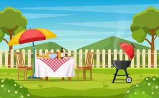 bbq party in the backyard with fence, trees, bushes. picnic with barbecue on summer lawn in park or garden food on table, chairs and umbrella. vector illustration in flat design