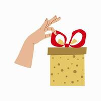 Giving a gift. Hand with Gift box Design for banner, web. The hand unties the bowknot on the gift. Vector illustration...