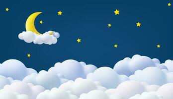 3d Good night and sweet dreams banner. Fluffy clouds on dark sky background with gold moon and stars. Place for text. 3d rendering. Vector illustration