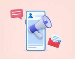 3d Megaphone on screen mobile phone. Marketing time concept. 3d rendering. Vector illustration