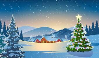 Winter snow landscape and houses with christmas tree. concept for greeting or postal card. Winter snow landscape and houses with snowflakes falling from sky. vector illustration.