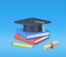 3D graduation cap,book and diploma. Education concept. Back to school, banner design template. 3d rendering. Vector illustration