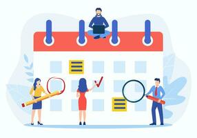 Planning schedule, business event and calendar concept. People with schedule, pen and notes organize meeting. Planning strategy and time management. Vector illustration in flat style