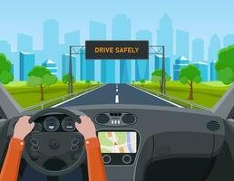 Drive safely concept. The driver s hands on the steering wheel. Drive safely warning billboard. View of the road from car interior. Vehicle salon, inside car driver . Vector illustration in flat style