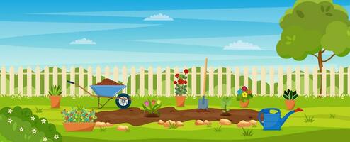 garden with green grass, flowers, garden wheelbarrow, shovel. garden concept. Banner with Spring or summer landscape. vector illustration in flat design