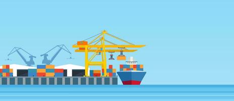 Cargo ship loading in city port. Cranes on dockside, pier unloading shipping containers from freight vessel to shore. Vector illustration in flat style