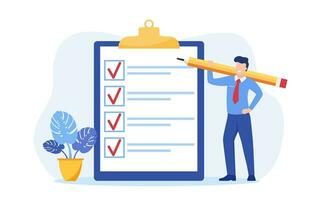 Positive business man with a giant pencil on his shoulder nearby marked checklist on a clipboard paper. Task done business concept. Vector illustration in flat style