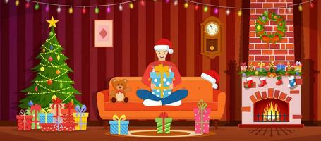 Cartoon Cozy Interior of Living Room with man on Sofa, Fireplace, Christmas Tree. Happy New Year Decoration. Merry Christmas Holiday. New Year and Xmas Celebration.Vector illustration in flat style vector