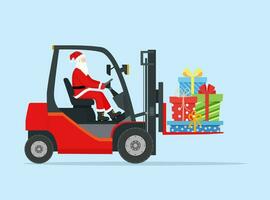 Santa Claus in Empty Red Forklift. Christmas Presents Delivery and Shipping. New Year Decoration. Merry Christmas Holiday. New Year and Xmas. Vector illustration in flat style