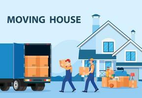 Delivery service concept. moving house. Man with cardboard boxes. Truck for transportation of goods loaded with cardboard boxes. Delivery truck with a bunch of boxes. Vector illustration in flat style