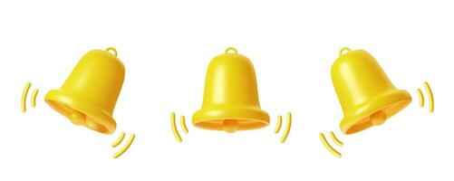 3d render Yellow Bell notifications. Set of Bells Icon. Ringing handbell icons for social media reminder and alert. Vector illustration.