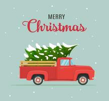 Christmas card or poster design with retro red pickup truck with christmas tree on board. Template for new year party or event invitation or flyer. Vector illustration in flat style