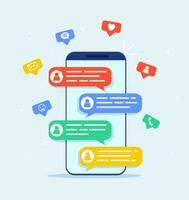 Online chat messages text notification on mobile phone. Icons, text messages, messages, notifications fly out of the screen. Vector illustration in flat style