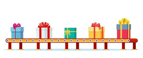 Christmas Factory Packs Gifts Boxes. Festive Presents Conveyor. Presents Delivery and Shipping. Happy New Year Decoration. Merry Christmas Holiday. Vector illustration in flat style