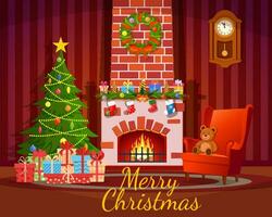 Christmas interior of the living room with a Christmas tree, gifts and a fireplace. Vector illustration