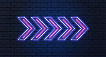 Neon arrow lamp wall sign. Glowing neon arrow pointer on brick wall background. Retro signboard with bright neon tubes. glowing bulb banner. Vector illustration.