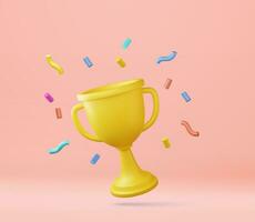 3d prize winner icon with golden cup, winners stars with objects floating around. prize award with confetti. 3d rendering. Vector illustration