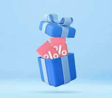 3D open gift box surprise with discount coupon, earn point concept, loyalty program and get rewards. online shopping bonus. 3d rendering. Vector illustration