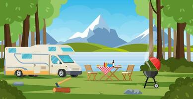 Camper with barbecue folding table deckchair. Summer camping. Outdoor nature adventure, active tourism in summertime background. vector