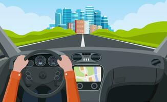 View of the road from the car interior. Road way to city buildings on horizon. Hands on Steering Wheel, inside car driver. modern big skyscrapers town far away ahead. Vector illustration in flat style