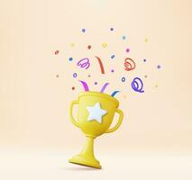 3d prize winner icon with golden cup, winners stars with objects floating around. prize award with confetti. 3d rendering. Vector illustration