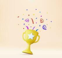 3d prize winner icon with golden cup, winners stars with objects floating around. prize award with confetti. 3d rendering. Vector illustration