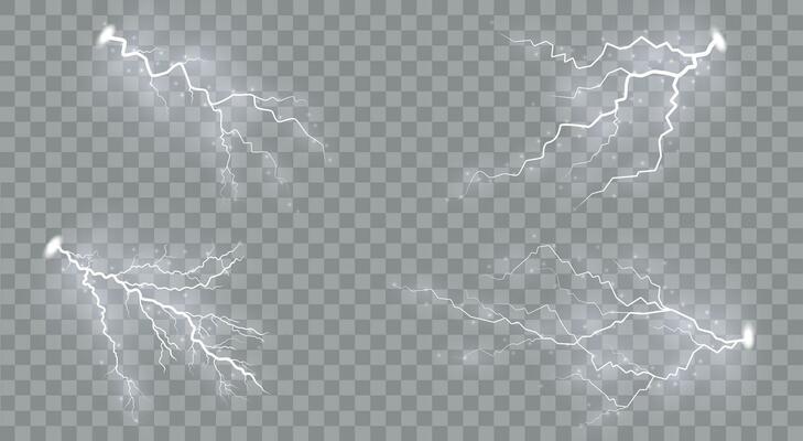 Set of lightnings Magic and bright lighting effects. set of zippers, thunderstorm and lightning, symbol of natural strength or magic, light and shine, abstract, electricity and explosion.