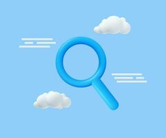 3d rendering search icon with cloud. Loupe, magnifier, magnifying glass. Blue optical tool for finding details and reading small print. Vector illustration