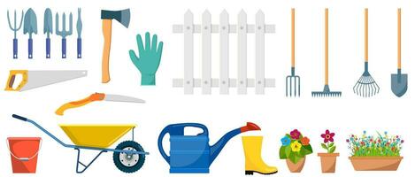 Set of garden tools. bucket, wheelbarrow, shovel, pitchfork, rake, ax, saw, watering can flower in pot grass isolated on white vector