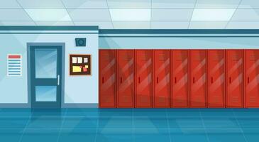 Empty School Corridor Interior With Row Of Lockers,closed door to classroom. Horizontal Banner. cartoon College campus hall or university lobby. Vector illustration in a flat style