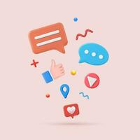 3d render social media and technology, like button and geometric shapes, chat. online social communication applications concept. Vector illustration.