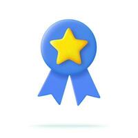 3d Winner medal with star and ribbon. Cartoon minimal style. Premium quality, quality guarantee symbol. 3d rendering Certificate Blank badge icon. Vector illustration