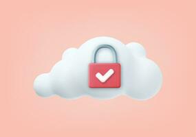 3d White fluffy cloud and locked padlock. Security concept. 3D rendering. Password protected icon for mobile applications and website concept. Vector illustration