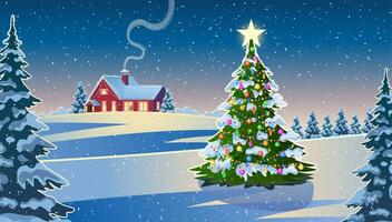 invierno nieve paisaje y casas con Navidad árbol. concepto para saludo o postal tarjeta. invierno nieve paisaje y casas con copos de nieve que cae desde cielo. vector ilustración.