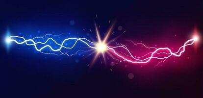 Lightning collision. Powerful colored lightnings, electric forces thunderbolt clash electrical energy sparkling blast, vector versus bright design confrontation concept