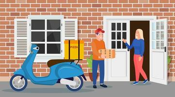 entrega hombre trayendo un pila de Pizza cajas cerca casa fachada. mensajero personaje sostiene Pizza. gratis y rápido envío. vector ilustración en plano estilo