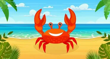 red cartoon smiling crab on a Beach. Vector illustration in flat style