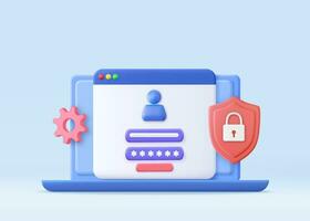 3d Login and password concept. Online file protection system concept with computer and lock. secure login form for personal online account or social media profile. 3d rendering. Vector illustration