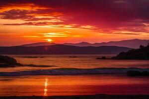 ai generado un vistoso puesta de sol terminado el Oceano con montañas en el antecedentes foto