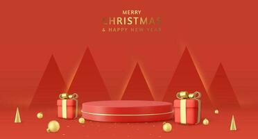 3d Christmas and New Year round podium studio with 3d bauble balls, cone trees, gift box. Creative holiday template. Xmas winter composition. Banner and web poster. 3d rendering. Vector illustration