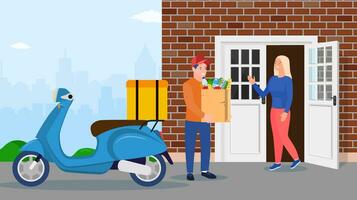 courier character delivery service. Man courier delivered Package food to customer. Concept for online shop or e-shop. Vector illustration in flat style