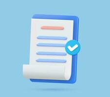 Checklist on 3d clipboard paper. Document in test form with check marks. Confirmed or approved document. Business icon. Clipboard and check marks. vector illustration.