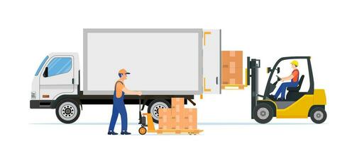 Forklift loading pallet boxes into truck. Warehouseman with checklist. Electric uploader loading cardboard boxes in delivery car. Logistic shipping cargo. Vector illustration in flat style